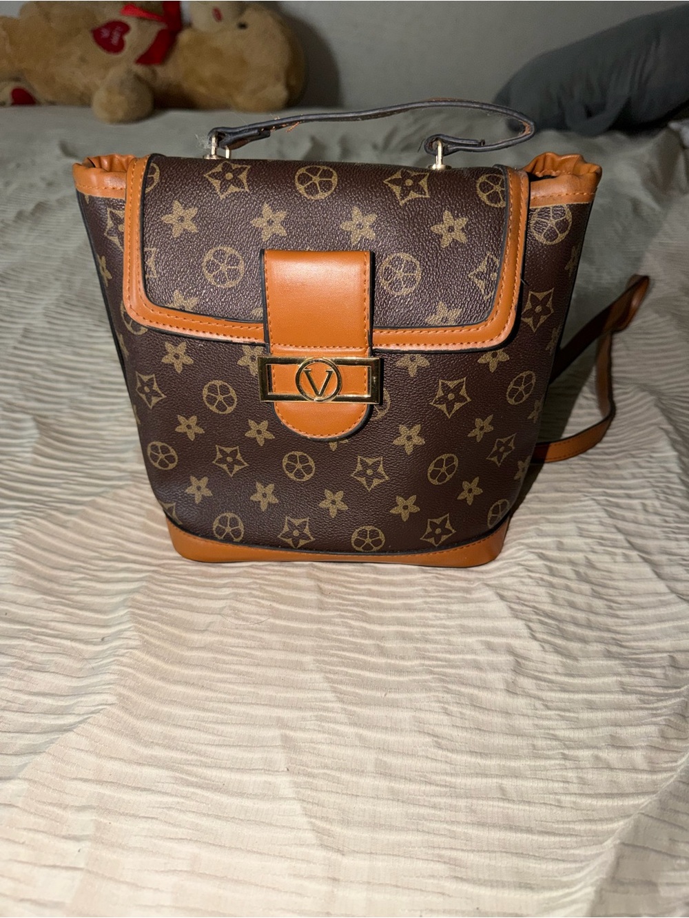 Brown Patterned Women’s Top-Handle Backpack with Tan Trim